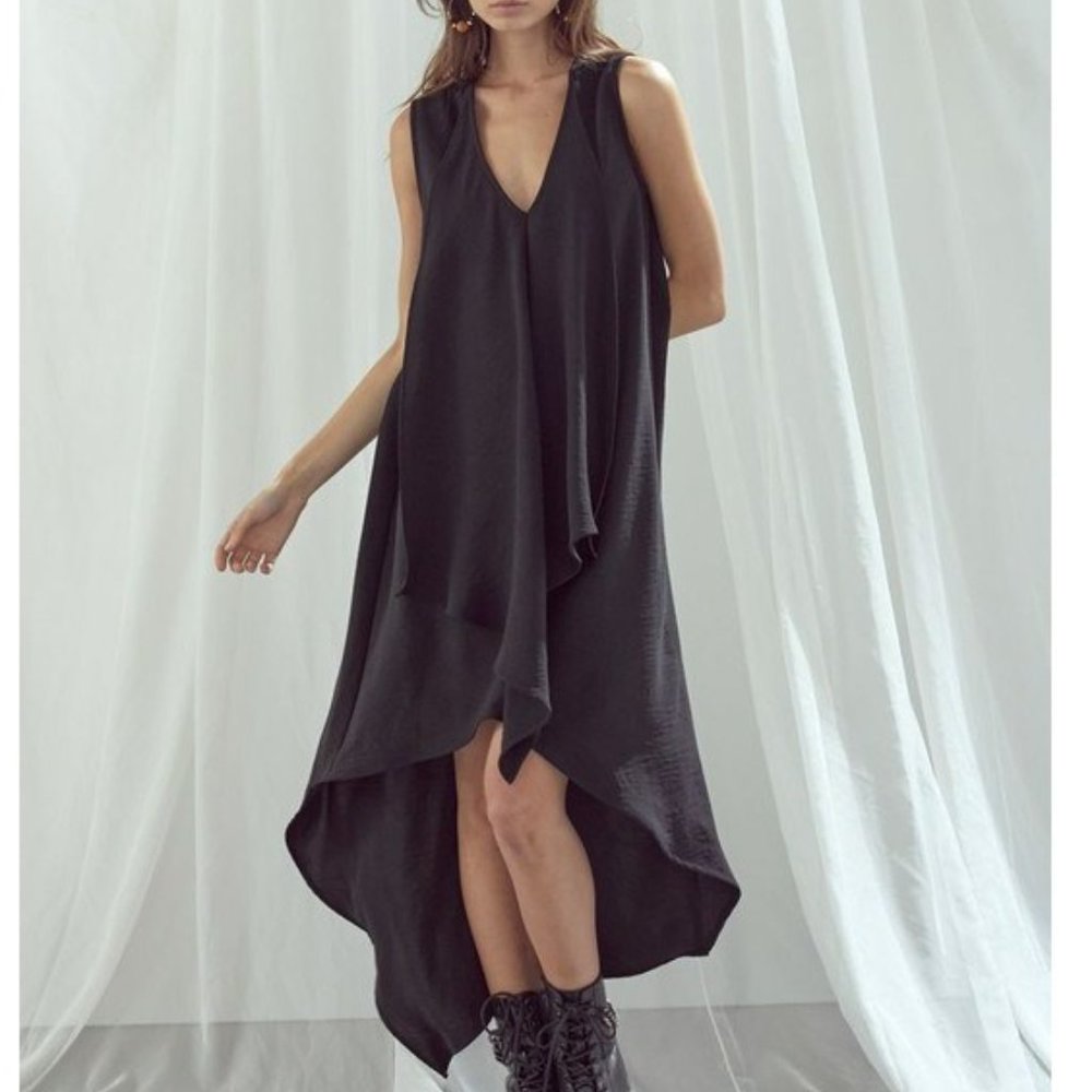 Black V-Neck Draped Sleeveless High Low Dress